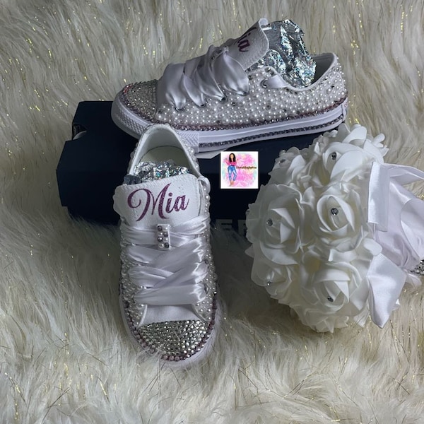 Custom Bling Converse Sneakers, Pearls and Rhinestones, Flower Girl Shoes