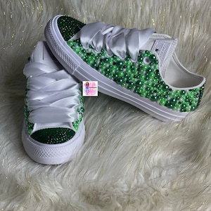 Green Low Top Converse-Bridal Sneakers-Bling Sneakers-Chucks and Pearls-Bling Chuck Taylors-Bling Sneakers-St Patrick's Day