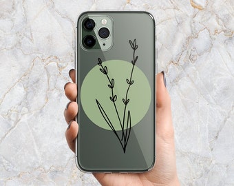Line Art Leaf Phone Case in Green & Clear - Spring Plant Flower Phone Case - iPhone 15 Pro Max 14 13 mini 12 11 SE Samsung S24 Ultra S23 S22