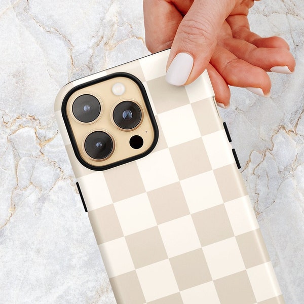 Beige & Cream Check Phone Case in Muted Neutrals - Winter Checkered Phone Case - iPhone 15 Pro Max 14 Plus 13 mini 12  Samsung S24+ S23 S22