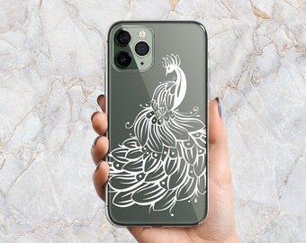 Peacock Silhouette Phone Case in White & Clear - Peafowl Phone Case - Bird Phone Case - iPhone 14 Pro Max 13 mini 12 11 X XS XR Samsung S22