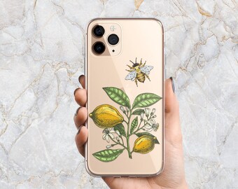 Honey Bee Phone Case w/ Lemon Tree Plant in Clear - Spring Phone Case - iPhone 14 Pro Max - 13 Pro 13 mini 12 11 XS X XR SE Samsung S22 S21
