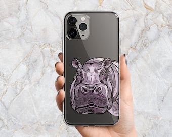 Purple Hippo Phone Case in Clear - Animal Phone Case - Hippopotamus Sketch - iPhone 15 Pro Max 14 Pro 13 mini 12 11 XS X SE Samsung S24 S23