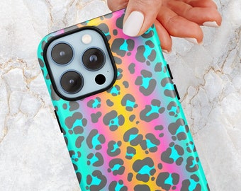 90&#39;s Nostalgia Rainbow Leopard Print Phone Case - Kidcore Aesthetic - Girly Y2K - iPhone 15 Pro Max 14 Pro 13 mini 12 Samsung S24 Ultra S23