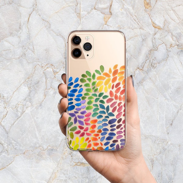 Abstract Rainbow Phone Case in Clear - Rain Drops Aesthetic - Spring Flower Phone Case -iPhone 15 Pro Max 14 Pro 13 mini 12 11 X Samsung S22