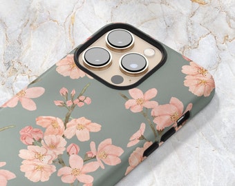 Japanese Cherry Blossom Phone Case in Sage Green - Spring Floral Pink Sakura Flower - iPhone 15 Pro Max 14 Pro 13 mini 12 11 X Samsung S23