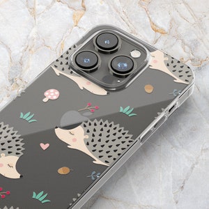Hedgehog Phone Case w/ Mushrooms in Clear - Cute Animal Phone Case for Girls - iPhone 15 Pro Max 14 Pro 13 mini 12 11 Samsung S24 Ultra S23