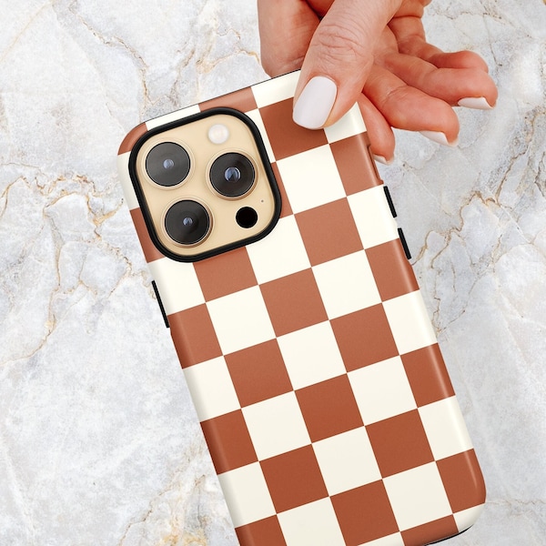 Rust Check Phone Case in Muted Neutral Orange - Checkered Phone Case - iPhone 15 Pro Max 14 Plus 13 mini 12 11 X Samsung S24 Ultra S23 S22