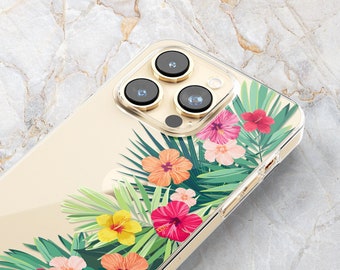 Tropical Hibiscus Flower Phone Case w/ Palm Leaves in Clear - Summer Hawaii - iPhone 16 Pro Max 15 Pro 14 13 mini 12 Samsung S24 Ultra S23