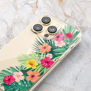 Tropical Hibiscus Flower Phone Case w/ Palm Leaves in Clear - Summer Hawaii - iPhone 16 Pro Max 15 Pro 14 13 mini 12 Samsung S24 Ultra S23