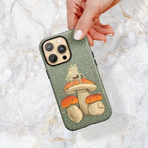 Magical Woodland Frog Phone Case w/ Mushrooms in Green - Cottagecore Forest Animals - iPhone 15 Pro Max 14 Plus 13 12 mini Samsung S24 S23