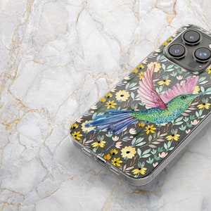 Hummingbird Phone Case w/ Wildflowers in Clear - Spring Bird Phone Case - iPhone 16 Pro Max 15 14 Plus 13 mini 12 Samsung S25 Ultra S24 S23