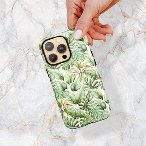 Palm Leaf w/ Monstera Plant Phone Case - Tropical Hawaiian Island - Palm Tree Beach Coastal - iPhone 15 Pro Max 14 Pro 13 12 11 Samsung S23