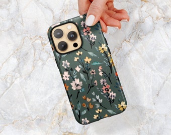 Flower Garden Phone Case in Emerald Green - Spring Floral Phone Case - Botanical Plants - iPhone 15 Pro Max 14 Pro 13 mini 12 11 Samsung S23