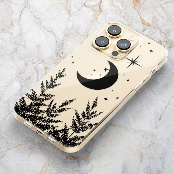 Moon & Stars Phone Case in Black/Clear - Mystical Celestial Forest - Night Sky - iPhone 15 Pro Max 14 Pro 13 mini 12 11 Samsung S24 S23 PLUS