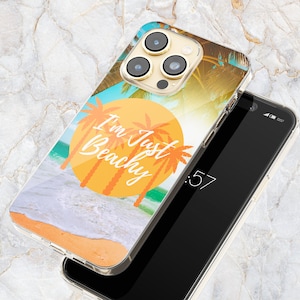 Beach Quote Phone Case w/ Surf, Sand, & Palm Trees in Clear - Summer Vacation - Island Life - iPhone 14 Pro Max 13 mini 12 11 X Samsung S22