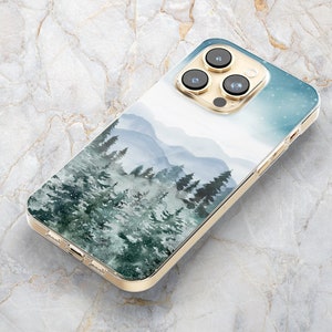 Mountain Phone Case w/ Winter Scene & Pine Trees in Clear - Nature Landscape -iPhone 14 Pro Max 13 mini 12 11 XS Max X XR SE Samsung S22 S21