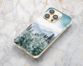 Mountain Phone Case w/ Winter Scene & Pine Trees in Clear - Nature Landscape -iPhone 14 Pro Max 13 mini 12 11 XS Max X XR SE Samsung S22 S21