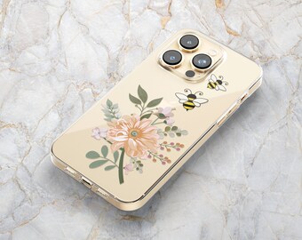 Honey Bee Phone Case w/ Flowers in Clear - Spring Floral Phone Case - Botanical Plant - iPhone 14 Pro Max 13 mini 12 11 XR XS X Samsung S22