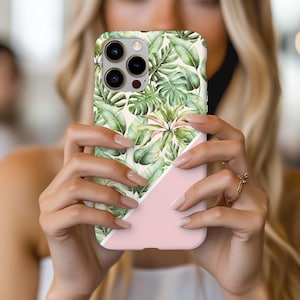 Monstera Plant Palm Leaf Phone Case w/ Pink Color Block - Hawaiian Tropical - iPhone 16 Pro Max 15 Pro 14 13 Samsung S24 ULTRA S23 MagSafe