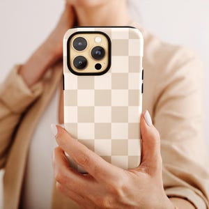 Beige & Cream Check Phone Case in Muted Neutrals - Checkered Phone Case - iPhone 16 Pro Max 15 14 13 12 Samsung S25 Ultra S24 S23 MagSafe