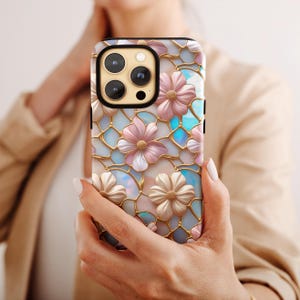 Pastel Flower Blooms Stained Glass Phone Case - iPhone 16 Pro Max 15 Plus 14 Pro 13 12 Mini Samsung S25 Ultra S24 PLUS S23 S22 S21 MagSafe