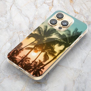Beach Sunset w/ Palm Trees Phone Case in Clear - Tropical Coastal - Island Life - iPhone 15 Pro Max 14 Pro 13 12 11 Samsung S24 Ultra S22+