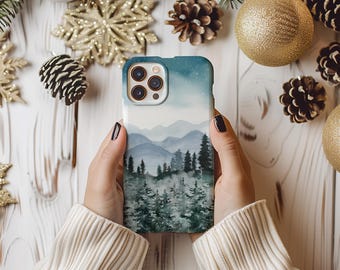 Mountain Phone Case w/ Winter Scene & Pine Trees - Nature Landscape - Winter Phone Case - iPhone 15 Pro Max 14 Pro 13 mini 12 11 Samsung S23