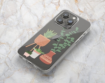 Potted Plants Phone Case w/ Succulents & Snake Plant in Clear - Spring Botanicals - iPhone 16 Pro Max 15 Pro 14 13 mini 12 Samsung S24 S23