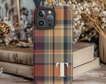 PERSONALIZED Neutral Fall Plaid Phone Case w/ Custom Letter - iPhone 16 Pro Max 15 Pro Max 14 13 mini Samsung S24 Ultra S23 PLUS S22 MagSafe