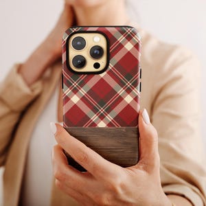 Plaid Phone Case in Red w/ Woodgrain Accents - iPhone 16 Pro Max 15 14 Plus 13 Pro 12 11 Samsung S23 Ultra S22 S21