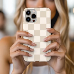 Beige Check Phone Case in Natural Muted Neutrals - Checkered Phone Case - iPhone 16 Pro Max 15 14 Plus 13 mini 12 Samsung S25 S24 Ultra S23+