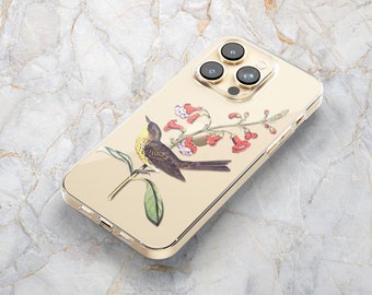 Sparrow Bird Phone Case w/ Pink Trumpet Vine in Clear - Spring Nature Phone Case -iPhone 14 Pro Max 13 mini 12 11 X XS XR SE Samsung S22 S21