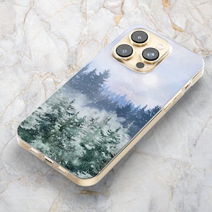 Winter Nature Scene Phone Case w/ Pine Trees & Mountain in Clear - iPhone 16 Pro Max 15 Pro 14 13 mini 12 Samsung S24 Ultra S23 Plus S22 S21