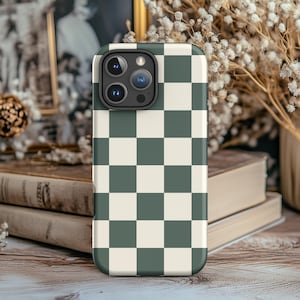 Green Check Phone Case in Muted Neutral Colors - Winter Checkered Phone Case -iPhone 16 Pro Max 15 Plus 14 13 mini Samsung S25 Ultra S24 S23