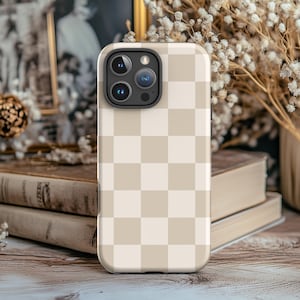 Beige & Cream Check Phone Case in Muted Neutrals - Checkered Phone Case - iPhone 16 Pro Max 15 14 13 12 Samsung S25 Ultra S24 S23 MagSafe