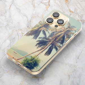 Tropical Beach Phone Case w/ Palm Trees in Clear - Summer Coastal Ocean - iPhone 16 Pro Max 15 14 Pro 13 mini 12 Samsung S25 Ultra S24 S23