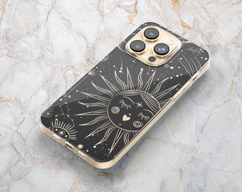 Celestial Sun & Stars Phone Case in Black / Clear - Astronomy Zodiac Constellations - iPhone 15 Pro Max 14 Pro 13 mini 12 11 Samsung S24 S23