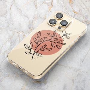 Line Drawing Leaf Phone Case in Rust & Clear - Plant Line Art - Spring Botanical - iPhone 14 Pro Max 13 mini 12 11 XS X XR SE Samsung S22 21