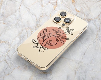 Line Drawing Leaf Phone Case in Rust & Clear - Plant Line Art - Spring Botanical - iPhone 14 Pro Max 13 mini 12 11 XS X XR SE Samsung S22 21