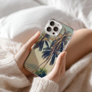 Tropical Beach Phone Case w/ Palm Trees in Clear - Summer Coastal Ocean - iPhone 16 Pro Max 15 14 Pro 13 mini 12 Samsung S25 Ultra S24 S23