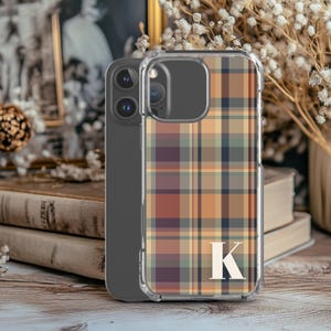 PERSONALIZED Fall Plaid Phone Case w/ Custom Letter in Clear - Autumn Design - iPhone 16 Pro Max 15 Pro 14 Plus 13 12 Samsung S24 Ultra S23