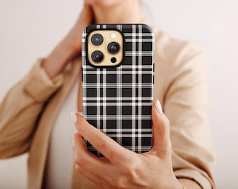 Plaid Phone Case in Black & White - Modern Winter Phone Case - iPhone 16 Pro Max 15 Pro 14 Pro 13 mini 12 11 Samsung S24 Ultra S23 Plus S22