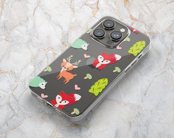 Cute Woodland Animal Phone Case in Clear - Fox Deer Hedgehog Mushrooms - iPhone 14 Pro Max 13 Pro Max 13 mini 12 11 X XS XR SE Samsung S22