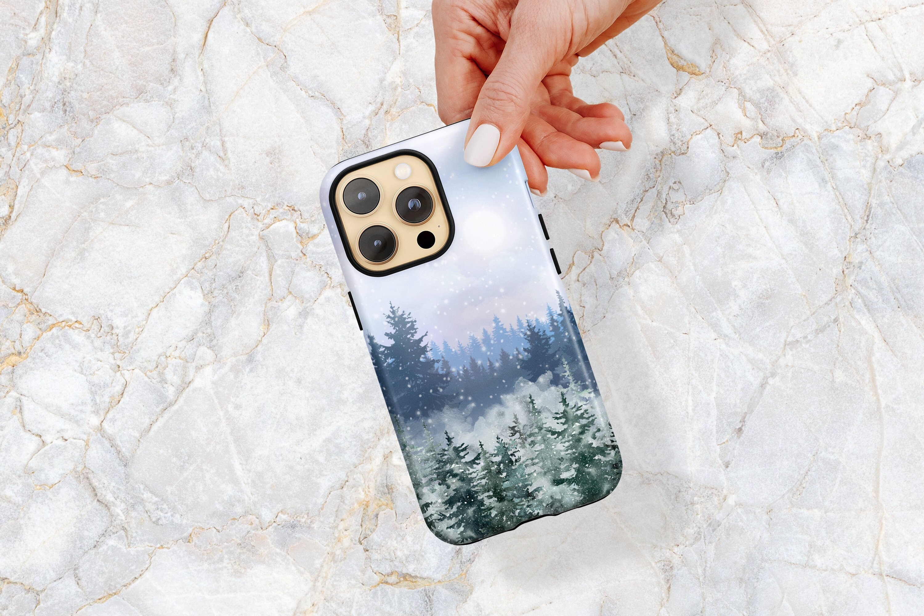 Mountain Phone Case w/ Pine Trees & Nature - Winter Landscape Scene - iPhone 16 Pro Max 15 Plus 14 Pro 13 12 mini Samsung S24 Ultra S23 Plus