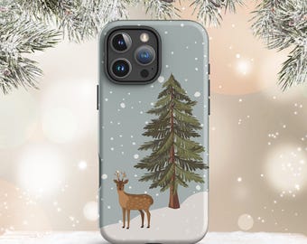 Winter Reindeer Phone Case w/ Fir Tree - Scandinavian Christmas - iPhone 16 Pro Max 15 Pro 14 Plus 13 mini 12 Samsung S25 Ultra S24 Plus S23