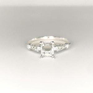 Emerald Cut 7 x 5 mm Scroll Shank Sterling Silver Hand Finished Ring Setting