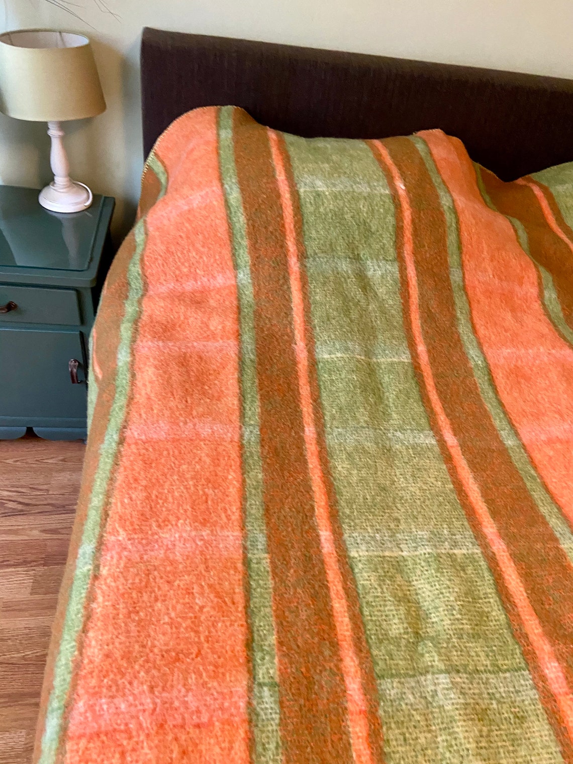 Vintage 100 Wool Blanket Single Bed in Orange and Green Etsy