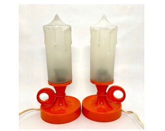 Vintage Richard Essig pair of night lights in glass and orange plastic, candle candlestick, lamps, sixties, bed light bedside