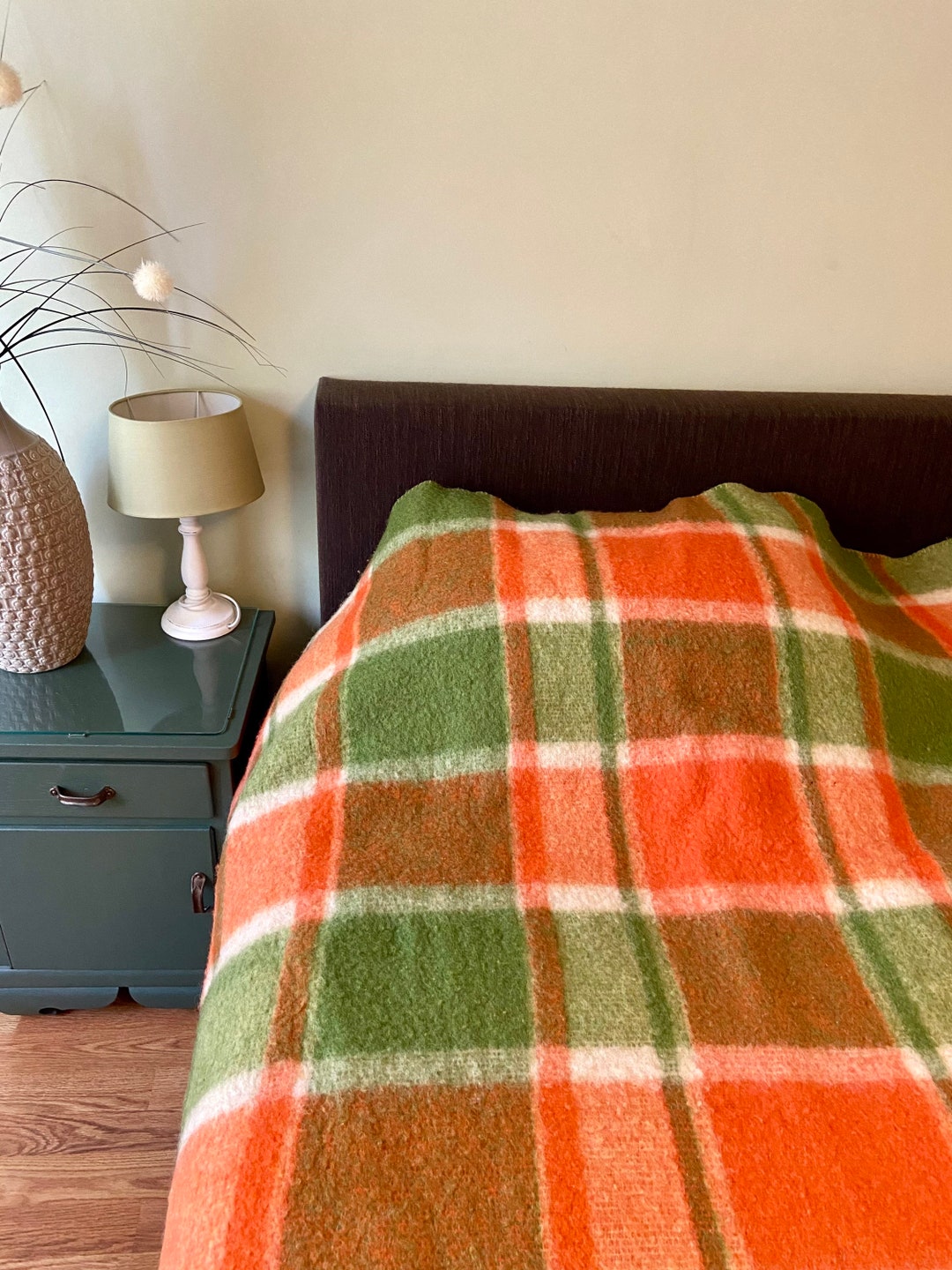 Vintage 100 Wool Blanket Single Bed in Orange and Green Etsy